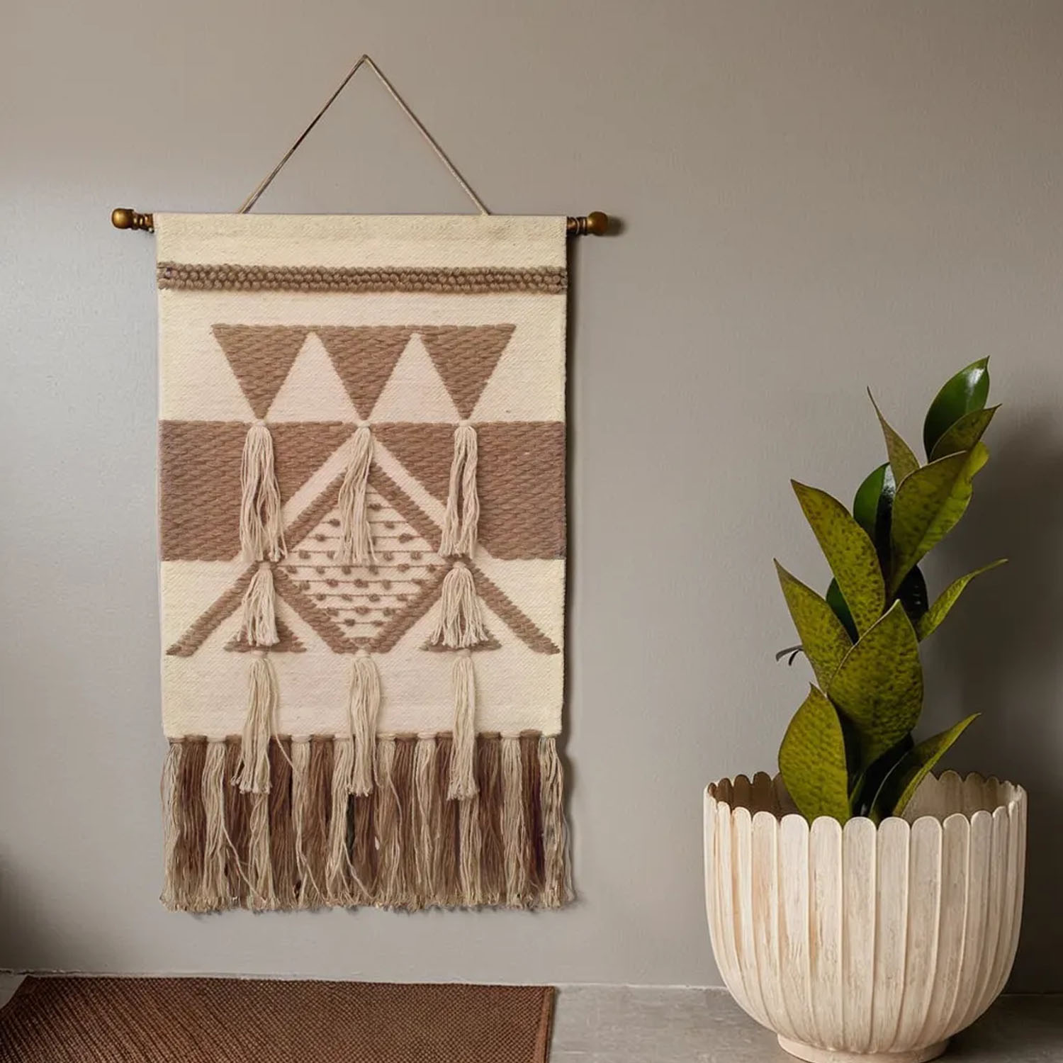 ArtistryBazaar Textured Cream and Brown Handwoven Wall Hanging decor with Tassels